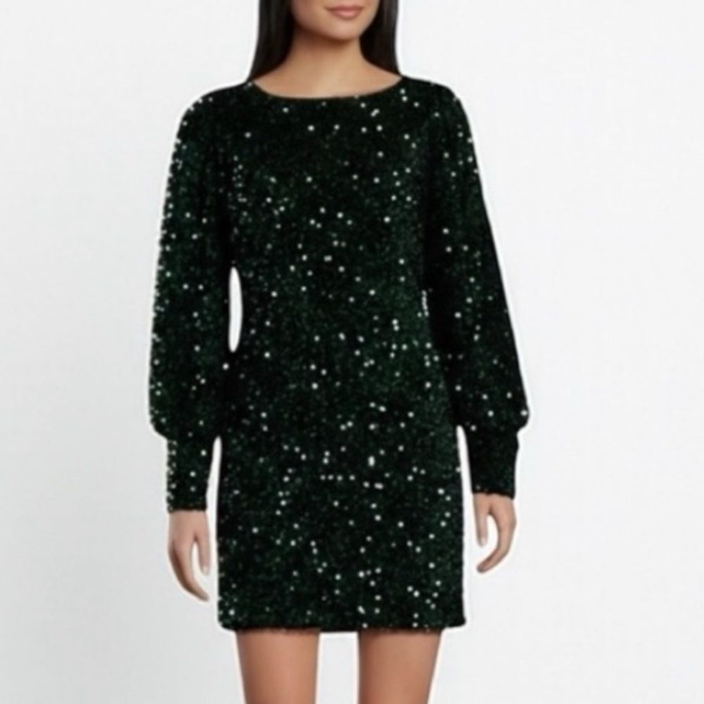 GB Sparkling Black Evening Dress with Long Sleeves and Deep Cowl Draped Back